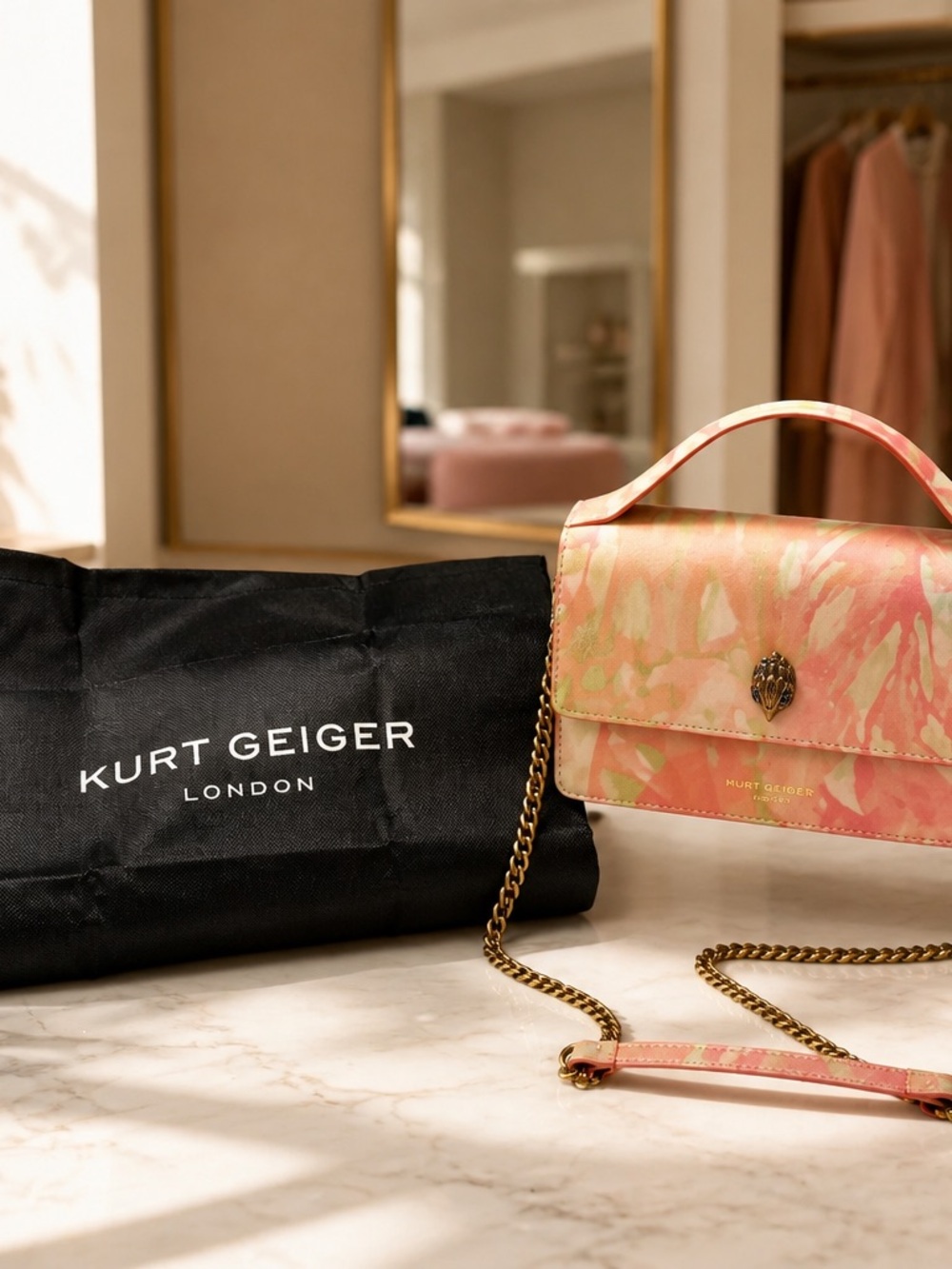 Kurt Geiger Pink Marble-Print Top Handle Shoulder Bag with Gold Chain & Dusty